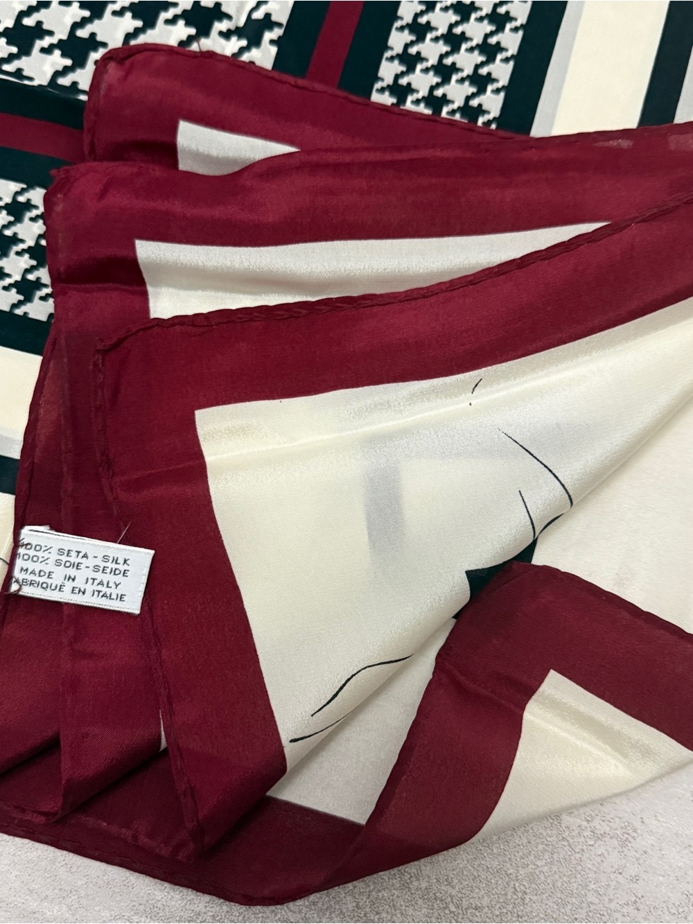 Dior Burgundy, Ivory and Black Houndstooth Silk-Feel Square Scarf - Picture 4 of 9